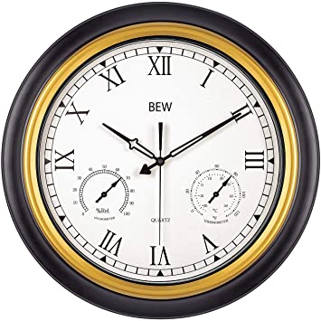 BEW Large Outdoor Clock, 18-Inch Waterproof Garden Clocks with Thermometer and Hygrometer Combo, Weather-Resistance Silent Garden Metal Clock for Patio, Pool, Lanai, Fence, Porch (Roman Numerals)