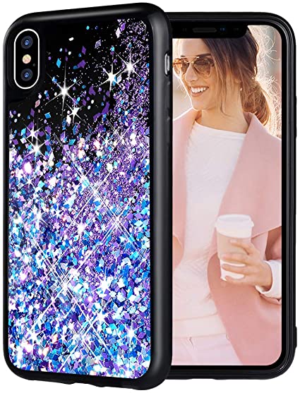 Caka iPhone X Case, iPhone Xs Glitter Case Starry Night Series Luxury Fashion Bling Flowing Liquid Floating Sparkle Glitter Girly Cute Soft TPU Case for iPhone X XS (Blue Purple)