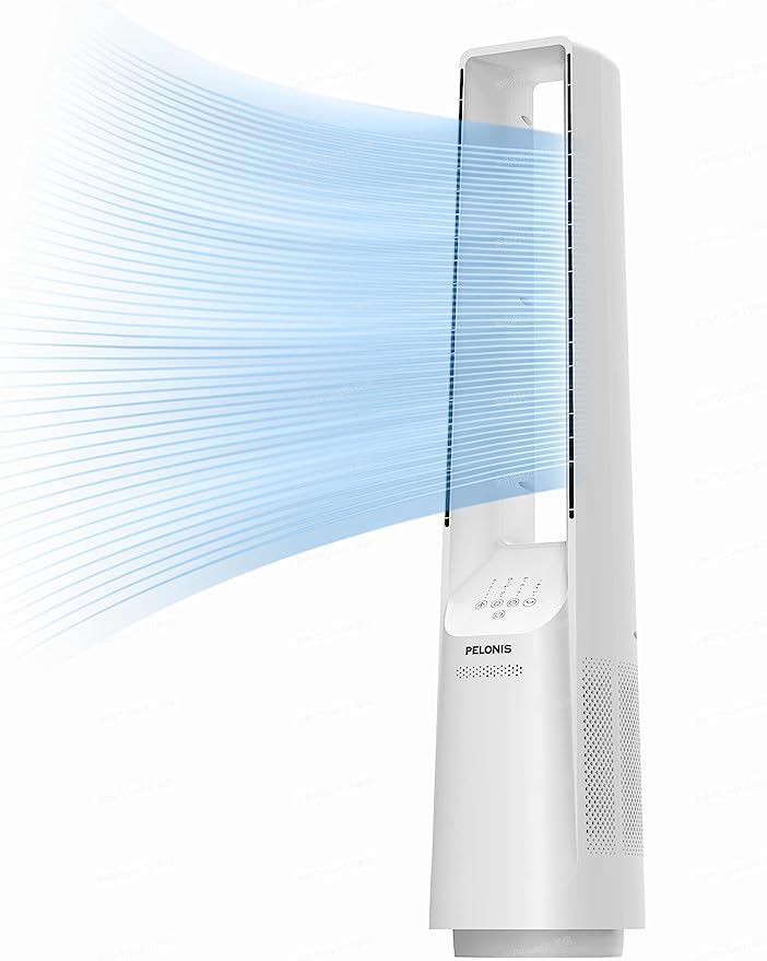 PELONIS Bladeless Tower Fan with 26-33ft Powerful Airflow, Alexa and Google Compatible, 6-Speed Settings, Quiet DC Motor, 120° Oscillation, 7-Hour Timer - Ideal for for Bedroom Home Office Use