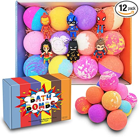 3.5oz Bath Bombs for Kids Organic Essential Oil 12 Bubble Colorful Fizzy Bath Bomb with 6 Hero Toys Keychain(Outside) Christmas /Birthday Gift Set for Girls or Boys