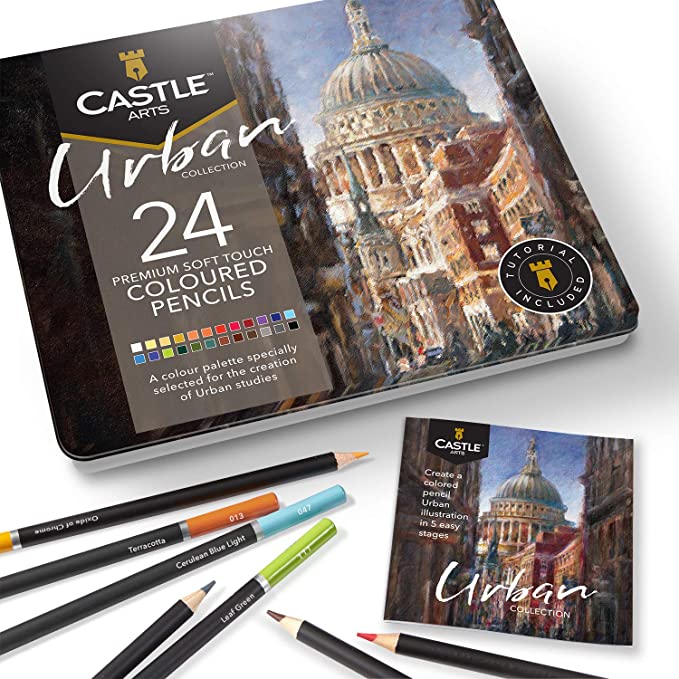 Castle Arts Themed 24 Coloured Pencil Set in Tin Box, perfect Urban sketching colours featuring high-quality, smooth coloured cores, superior blending & layering performance achieving great results