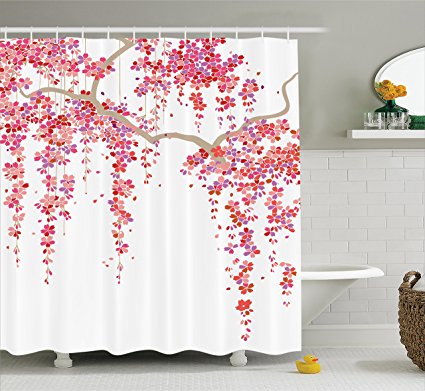 Ambesonne House Decor Collection, Cherry Blossom Trees Branch Springtime Happy Vacation Traveling Destinations Image, Polyester Fabric Bathroom Shower Curtain, 75 Inches Long, Lilac Salmon Coral