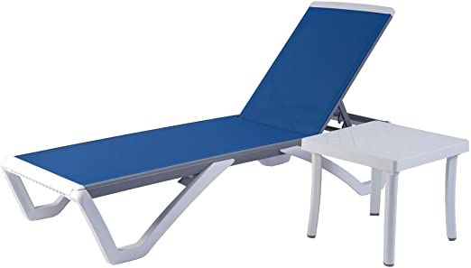 Kozyard Alan Full Flat Alumium Frame and Polypropylene Resin Legs Patio Reclinging Adustable Chaise Lounge with Sunbathing Textilence for All Weather, 5 Adjustable Position(Blue Textilence W/Table)