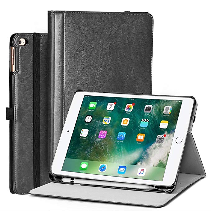 eTopxizu Business Case Compatible New iPad 9.7 2017/2018,Premium Leather Folio and Multi-Angle Viewing Stand Smart Cover [Auto Sleep/Wake], Built-in Pencil Holder,Hand Strap and Document Pocket,Black