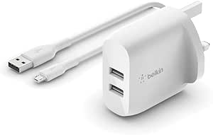 Belkin Boost Charge Dual USB-A Wall Charger 24W   USB-A to Micro-USB Cable (For Smartphones, Tablets, Wireless Headphones, Power Banks, Portable Speakers and more) | WCE002my1MWH