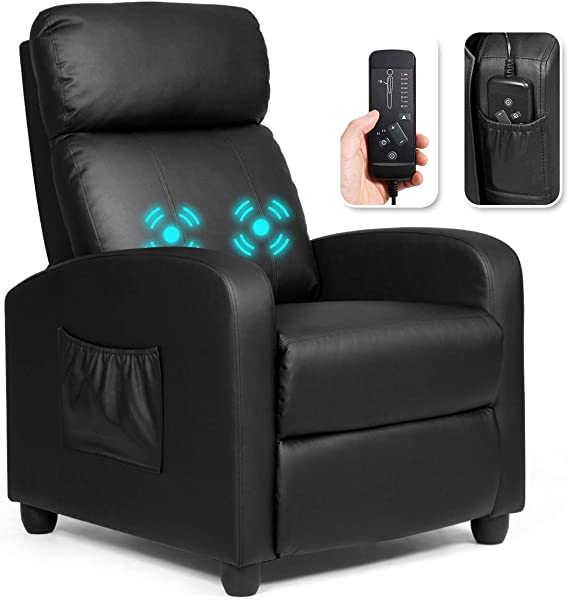 Giantex Recliner Chair for Living Room, Recliner Sofa Wingback Chair w/Massage Function, Padded Seat PU Leather Reclining Chair w/Side Pocket, Home Theater Seating Massage Recliner Easy Lounge (Black