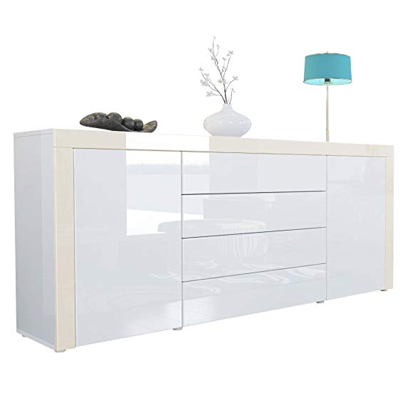 Vladon Sideboard Chest Drawers La Paz, Carcass in White High Gloss/Front in White High Gloss a frame in Cream High Gloss