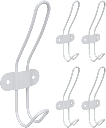 Tibres - White Coat Wall Hooks for Towel Clothes Robe Jacket Backpack and Bag - White Hanger for Bathroom - Metal Double Hooks Door or Wall Mounted - Set of 5