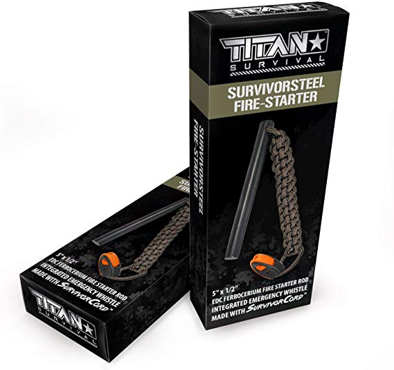 Titan SurvivorSteel Ferrocerium Fire-Starter v2.0, 5" x 1/2" Ferro-Rod with Steel Scraper, Patented SurvivorCord Handle, and Integrated High-Decibel Emergency Whistle.