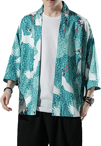 PRIJOUHE Men's Kimono Cardigan Jacket Japanese Style Flying Crane Seven Sleeves Open Front Coat