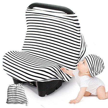 FRiEQ Nursing Breastfeeding Cover Scarf - Stretchy Multi-Use Protection Cover - Convenient, Versatile Design Acts as a Car Seat, Shopping Cart, Highchair and Shade Cover - Baby Hat Included