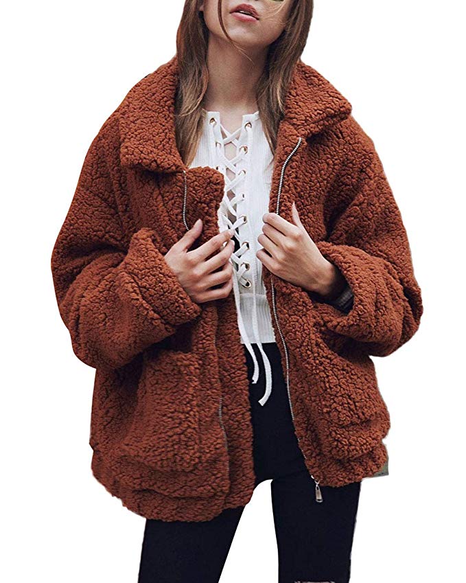 Chartou Women's Casual Warm Winter Oversized Full-Zip Fleece Fuzzy Faux Shearling Coat Outwear Jackets