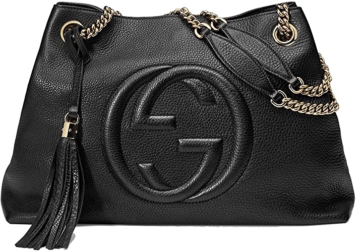 Gucci Soho Medium Black Double Leather Chain Shoulder Bag Tote Black Gold New