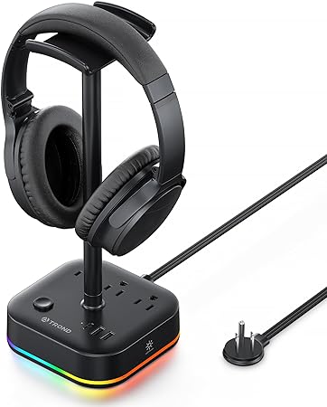 TROND Gaming Headset Stand with USB C, 3 Power Outlets, RGB Light Desk Power Strip, Headphone Holder with 5ft Flat Plug Extension Cord, PC Gaming Room Wireless Earphone Accessories, Gifts for Gamer