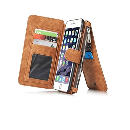 Felidio iPhone 6s Wallet Case, Retro Genuine Leather Case for iPhone 6 6s with Card Holder Zipper Pockets Magnetic Flip Cover [2 in 1] Brown