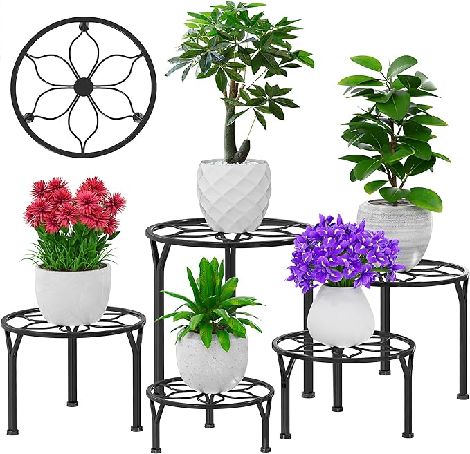 VECELO 5-Pack Metal Plant Stands for Indoor Plants, Multiple Heavy Duty Flower Pot Stand / Round Plant Holder for Outdoor Planter, Living Room, Balcony Decor, Black