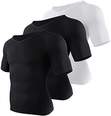 Odoland 3 Pack Mens Body Shaper Slimming Tummy Waist Lose Weight Shirt, Compression Base Layer Muscle Short Sleeve Shapewear