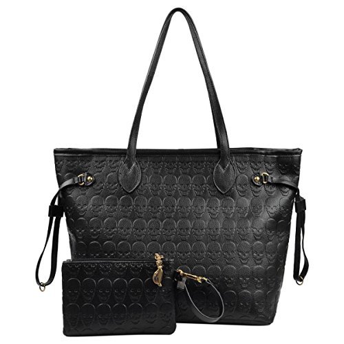 Women Black Devil Skull Pu Leather Tote Bag Shopping Bag with Clutch Handbag