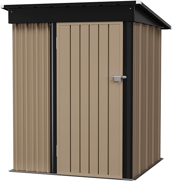 Flamaker Storage Shed Waterproof Metal Garden Shed with Lockable Door Utility Tool Shed Outdoor Storage for Backyard, Patio and Lawn (5 x 3 FT, Brown)