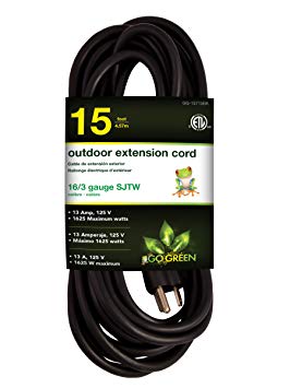 Go Green Power GG-13715BK Go Green Power 16/3 SJTW Outdoor Extension Cord, 15', Black