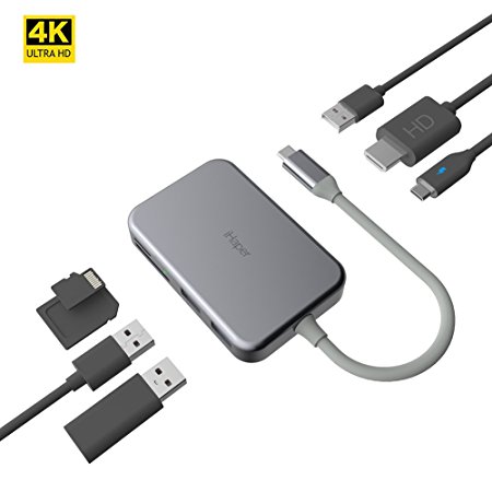 USB C Hub,iHaper Type C Hub Multiport USB C to HDMI,3 USB 3.0 Ports with Type-C Power Delivery, 4K HDMI Output,SD/TF Card Reader for 2016/2017 MacBook Pro,Google Chromebook Pixel,More USB C Devices