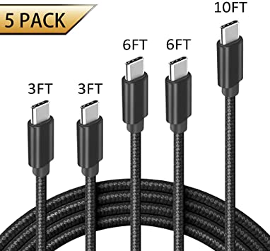 USB C Cable, 【5-Pack 3A】 Fast Charge Various Lengths Durable Nylon Braided USB A to USB C Charging Cable Compatible with Samsung Galaxy S10/S9/S9 /S8/S8 /Note 8, LG G5/G6/V20, Dark Black
