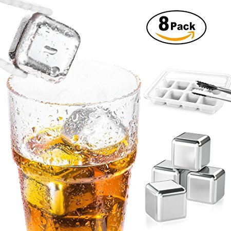 Stainless Steel Chilling Stones, X-Chef Reusable Ice Cubes Whiskey Stones with Ice Tong & Storage Tray for Whiskey Wines Vodka Beer Beverages, Pack of 8