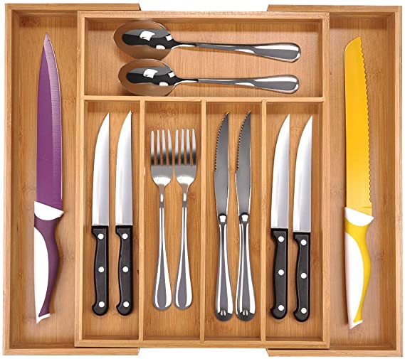 Utoplike Bamboo Expandable Cutlery Organizer Tray: Holds Silverware, Flatware, Utensils, Cutlery, Accessories or Gadgets Size:11.5" - 18" W X 15"d X 2 (Natural)