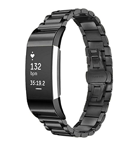 Fitbit Charge 2 Wrist Band,Shangpule Stainless Steel Metal Replacement Smart Watch Band Bracelet with Double Button Folding Clasp for Fitbit Charge 2 (Black)
