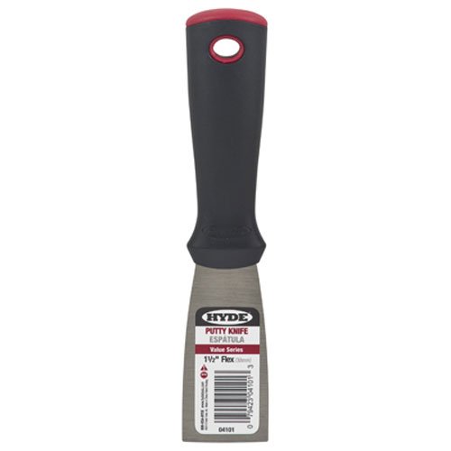 HYDE TOOLS 4101 1-1/2" Putty Knife - Flexible Blade - High Carbon Steel Blade is Tempered and Satin Finished - Handle is Reinforced Polypropylene and is Solvent Resistant
