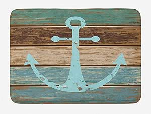 Ambesonne Anchor Bath Mat, Timeworn Marine on Weathered Wooden Planks Rustic Nautical Theme Pattern, Plush Bathroom Decor Mat with Non Slip Backing, 30.2" x 20", Pale Blue Brown Teal