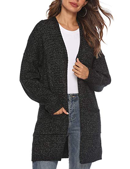 Women's Casual Sweater Cardigan Open Front Long Sleeve Cable Knit Sweater Pockets Grey