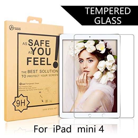 iPad mini 4 Screen Protector, BTGGG Tempered Glass Screen Protector Film for iPad mini 4 [0.3mm / 2.5D Edge] [Anti-fingerprint] [Bubble Free] - Not compatible with iPad mini 1/2/3