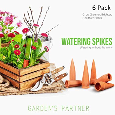 Set of 6 Plant Watering Spikes Terracotta Self Watering Wine Bottle Stake Set with Automatic Vacation Plant Watering System- Great for Indoor & Outdoor Home and Office Plants