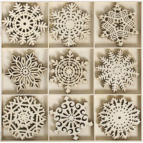 27pcs Christmas Unfinished Wooden Cutouts Snowflakes Tree Hanging Decor Pendants Embellishments Ornaments for Xmas Decoration