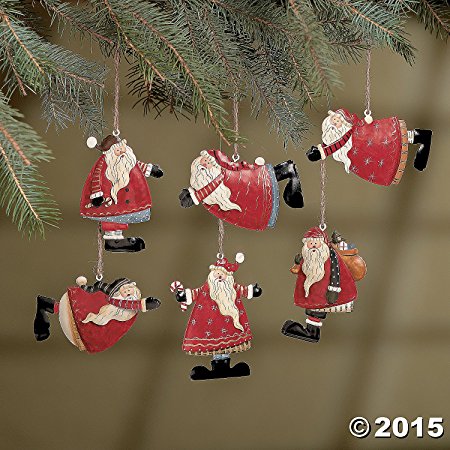 Set of 6 Painted Tin Santa Folk Decoration Christmas Ornaments