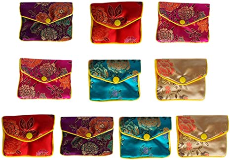 10 Pcs Silk Jewelry Pouch Brocade Flower Embroidery Jewelry Gift Bag with Snap Button and Zipper for Rings Bracelets Necklaces Earrings, 5 Colors