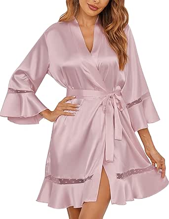 Ekouaer Robes for Women Satin Kimono Robes Ruffle Hem Silky Bathrobes Silk Robes Short Bridesmaids Robe Dressing Gown S-XXL