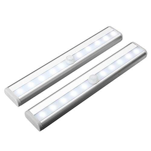 Labvon Motion Sensor Closet Light, Portable 10-LED Wireless Rechargeable Light Cabinet Night/ Stairs/ Step Light Bar with Magnetic Strip, 2 packs (White)