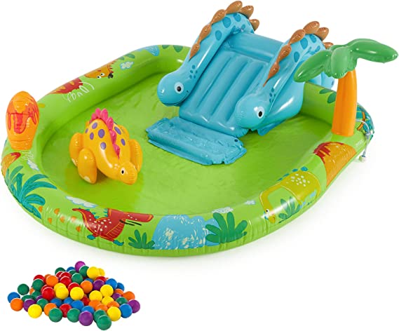 Intex Little Dino Dinosaur Themed Inflatable Backyard Pool Play Center with Slide & Small Plastic Multi-Colored Fun Ballz with Carrying Bag, 100 Pack