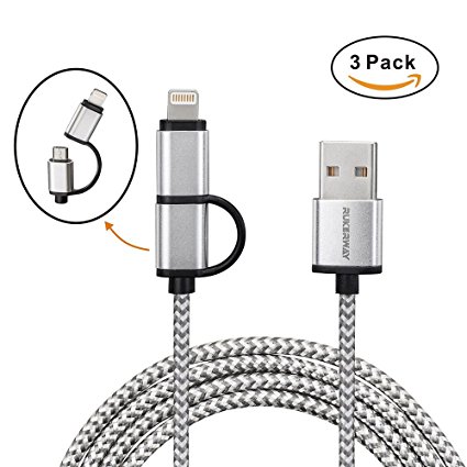 Rukerway  USB Cable  Extra Long Lightning and Micro USB Power Cords 5 Times Durable 3 Pack Nylon Braided High Speed Sync and Charging Power Cord for iPhone and Android Device
