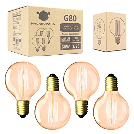 60 Watt Globe G80 Vintage Edison Light Bulbs by NALAKUVARA, E26 Medium Screw Base - Dimmable - Antique Style - Incandescent Filament Lamp, 4-Pack