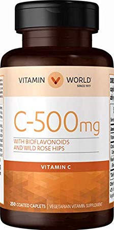 Vitamin World Vitamin C 500 mg with Bioflavonoids and Wild Rose Hips, 250 Coated Caplets