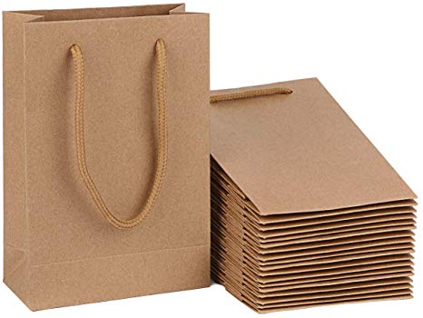 Driew Small Gift Bags, Kraft Paper Bags Black Gift Bags 5x2x7.5 inches with Cotton Handle Pack of 50 (Brown)