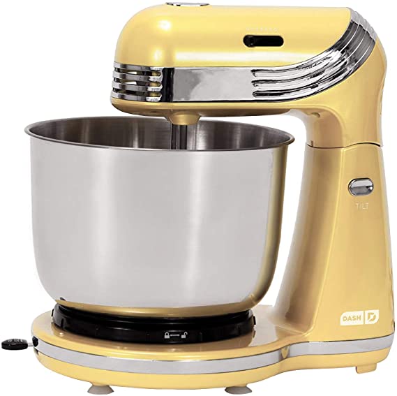 Dash Everyday Electric Stand Mixer with 3 qt Stainless Steel Mixing Bowl, Dough Hooks   Beaters for Dressings, Frosting, Meringues & More, 6 speed, Yellow