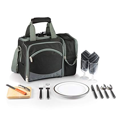 Picnic Time Malibu Insulated Cooler Picnic Tote with Service for 2, Black with Silver Grey