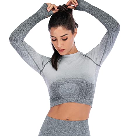 Helisopus Women's Sports Compression Tops Ombre Crewneck Athletic Crop Top Shirts Gym Quick Dry Fit T-Shirts