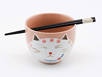 Happy Sales HSRB-CATPNK, Japanese Ramen Udon Noodle Bowl with Chopsticks Gift Set, Smiley Cat Pink