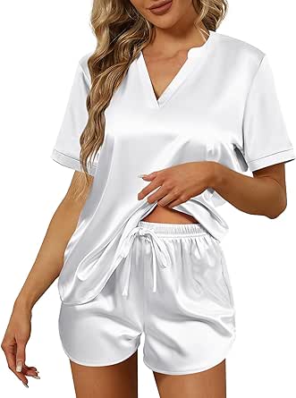 Ekouaer Silk Pajamas for Women Short Sleeve Sleepwear Two-piece Pjs Set Soft V Neck Loungewear Tops with Pj Shorts S-XXL