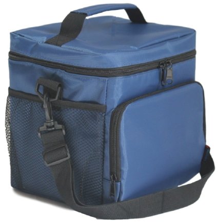 Insulated Lunch Bag Double-Sewn Nylon Zipper Closures Large Side Pockets Carry Handle Shoulder Strap Blue
